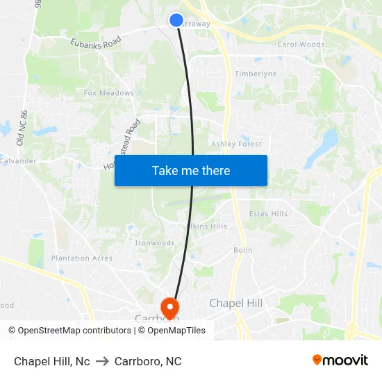 Chapel Hill, Nc to Carrboro, NC map