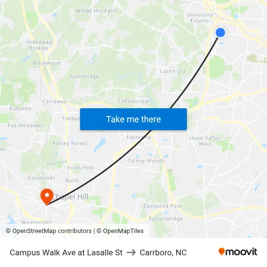 Campus Walk Ave at Lasalle St to Carrboro, NC map