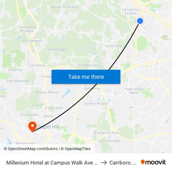 Millenium Hotel at Campus Walk Ave (Eb) to Carrboro, NC map