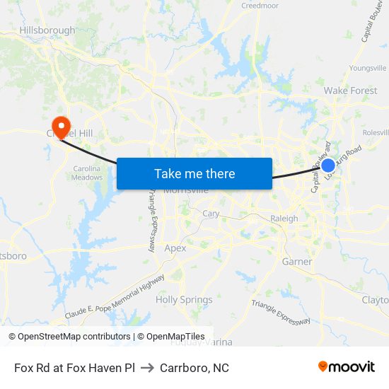 Fox Rd at Fox Haven Pl to Carrboro, NC map