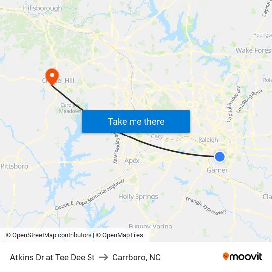 Atkins Dr at Tee Dee St to Carrboro, NC map