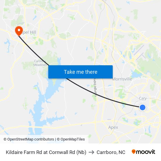 Kildaire Farm Rd at Cornwall Rd (Nb) to Carrboro, NC map