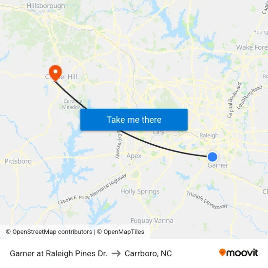 Garner at Raleigh Pines Dr. to Carrboro, NC map