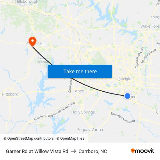 Garner Rd at Willow Vista Rd to Carrboro, NC map