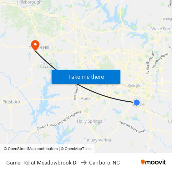 Garner Rd at Meadowbrook Dr to Carrboro, NC map