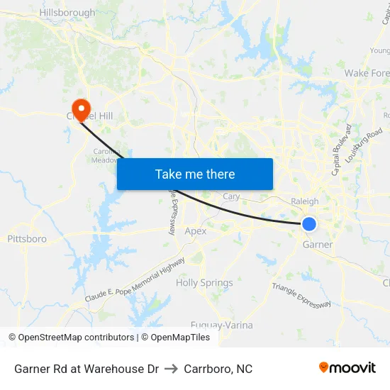 Garner Rd at Warehouse Dr to Carrboro, NC map