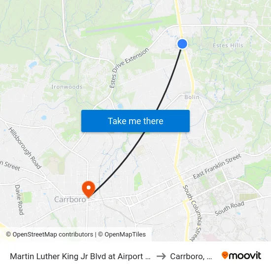 Martin Luther King Jr Blvd at Airport Dr to Carrboro, NC map