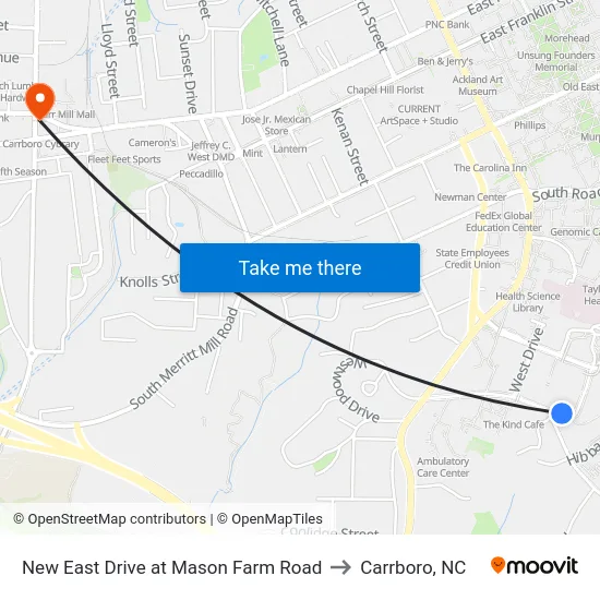 New East Drive at Mason Farm Road to Carrboro, NC map