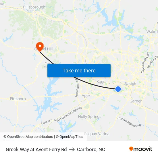 Greek Way at Avent Ferry Rd to Carrboro, NC map
