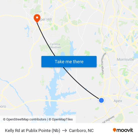 Kelly Rd at Publix Pointe (Nb) to Carrboro, NC map