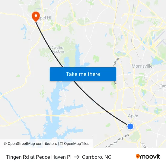 Tingen Rd at Peace Haven Pl to Carrboro, NC map
