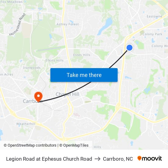 Legion Road at Ephesus Church Road to Carrboro, NC map