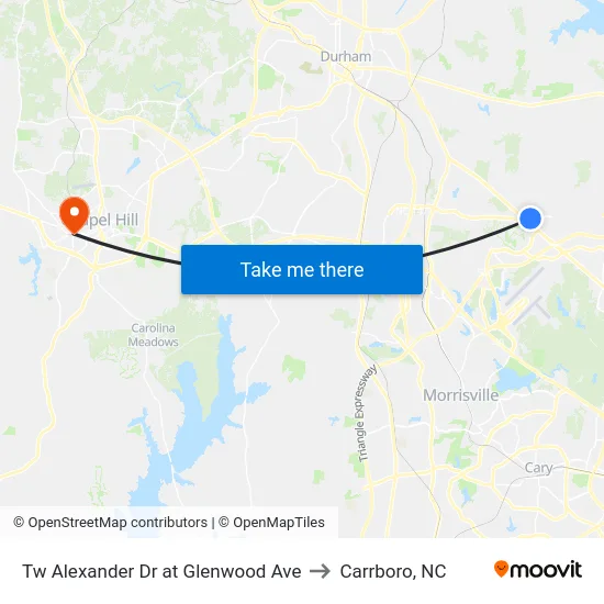Tw Alexander Dr at Glenwood Ave to Carrboro, NC map