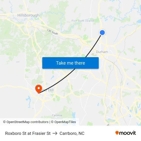 Roxboro St at Frasier St to Carrboro, NC map