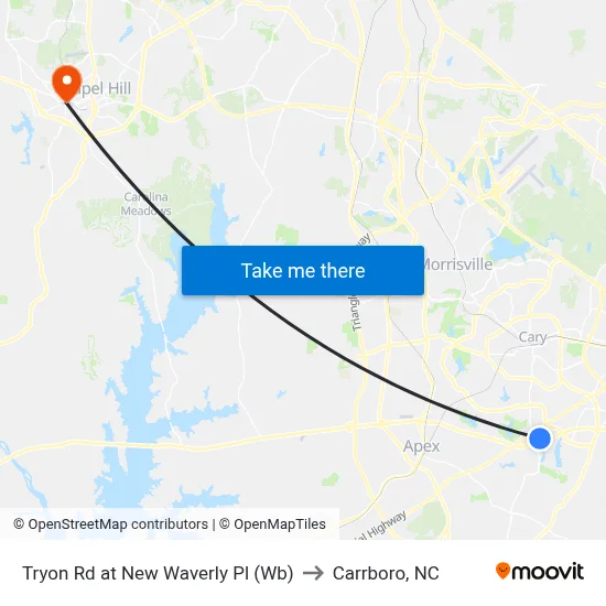 Tryon Rd at New Waverly Pl (Wb) to Carrboro, NC map