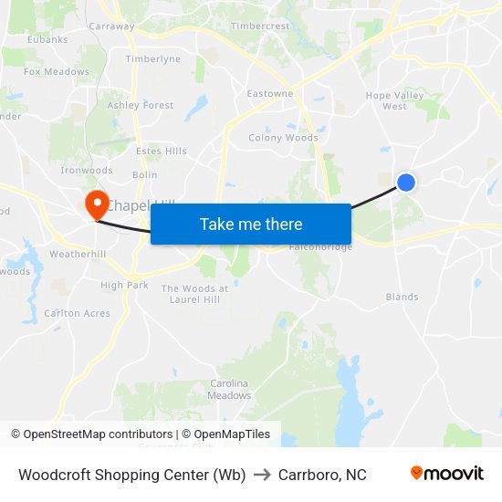 Woodcroft Shopping Center (Wb) to Carrboro, NC map