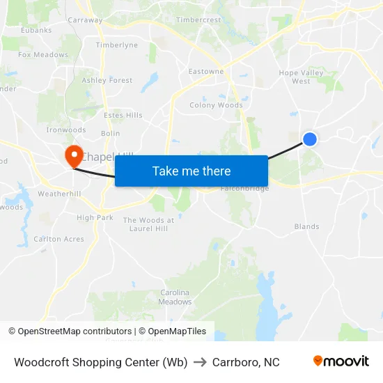 Woodcroft Shopping Center (Wb) to Carrboro, NC map