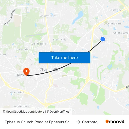Ephesus Church Road at Ephesus School to Carrboro, NC map