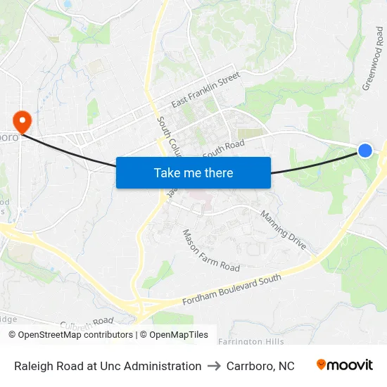Raleigh Road at Unc Administration to Carrboro, NC map