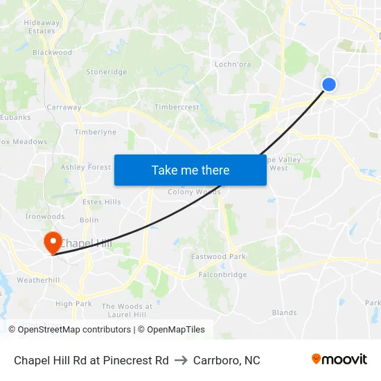 Chapel Hill Rd at Pinecrest Rd to Carrboro, NC map