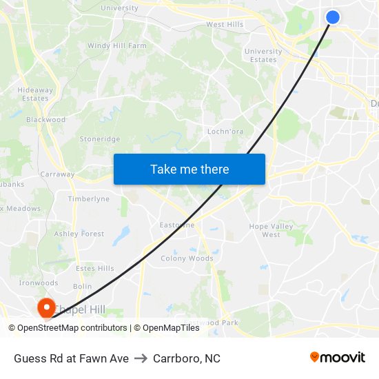 Guess Rd at Fawn Ave to Carrboro, NC map