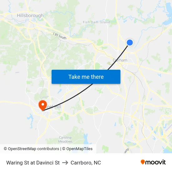 Waring St at Davinci St to Carrboro, NC map