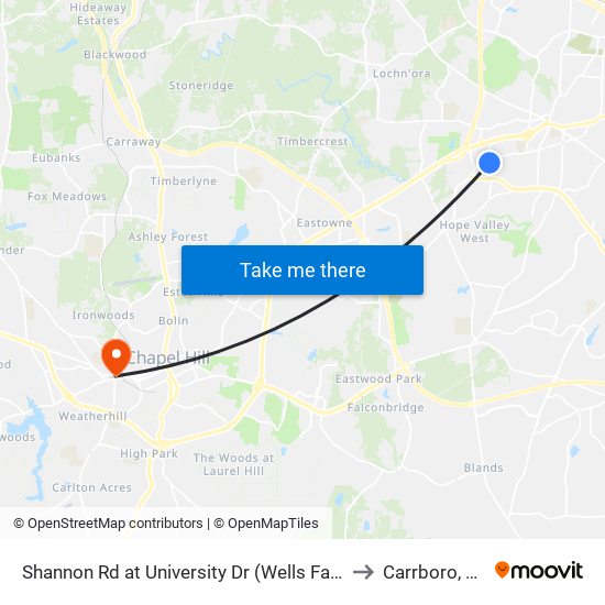 Shannon Rd at University Dr (Wells Fargo to Carrboro, NC map