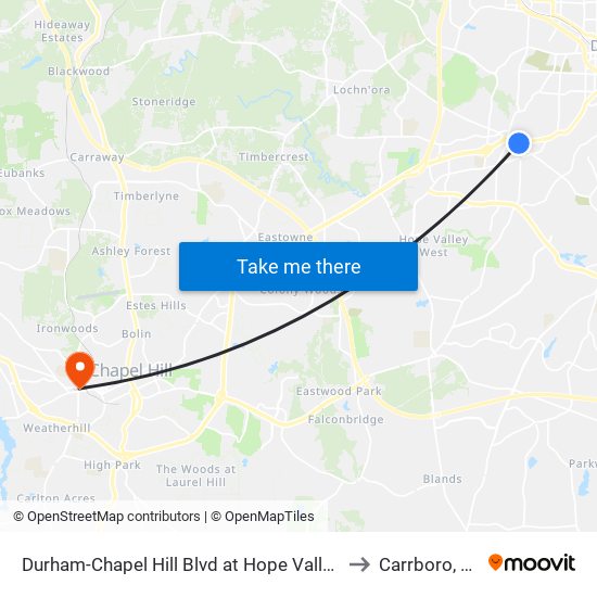 Durham-Chapel Hill Blvd at Hope Valley R to Carrboro, NC map