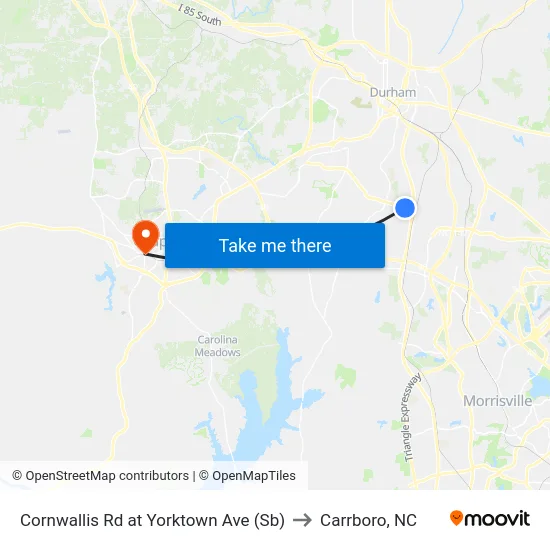 Cornwallis Rd at Yorktown Ave (Sb) to Carrboro, NC map
