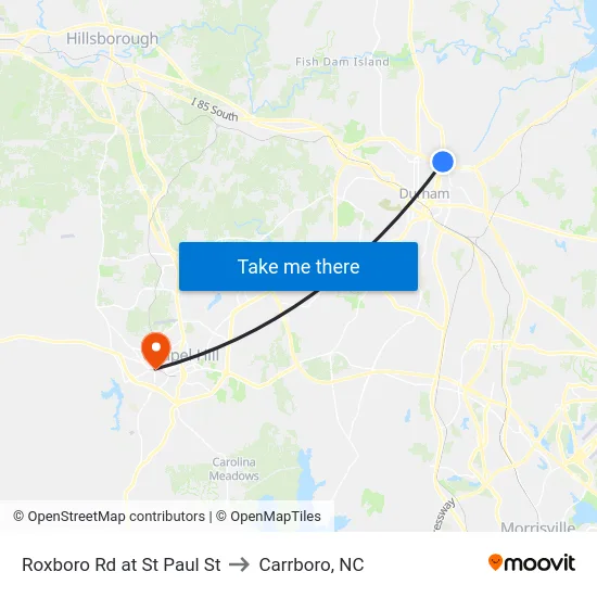 Roxboro Rd at St Paul St to Carrboro, NC map