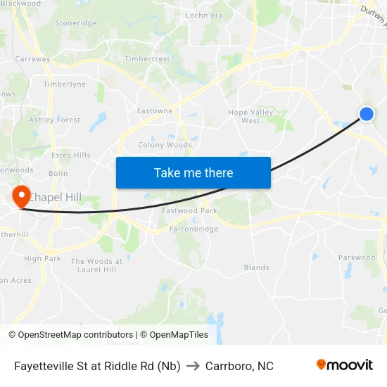 Fayetteville St at Riddle Rd (Nb) to Carrboro, NC map