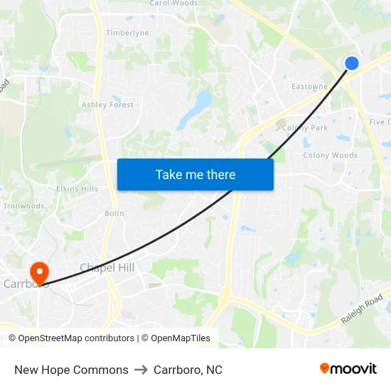 New Hope Commons to Carrboro, NC map