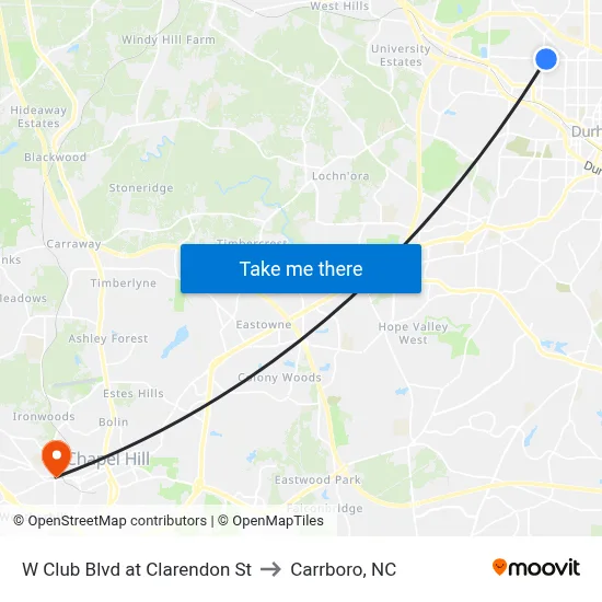 W Club Blvd at Clarendon St to Carrboro, NC map