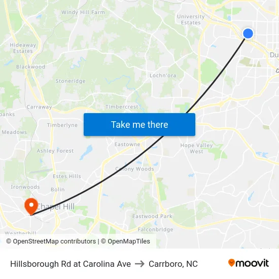 Hillsborough Rd at Carolina Ave to Carrboro, NC map