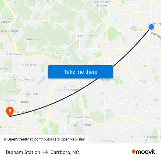 Durham Station to Carrboro, NC map