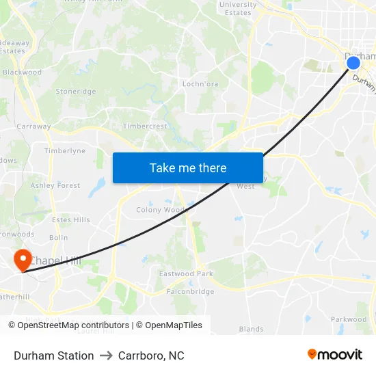 Durham Station to Carrboro, NC map