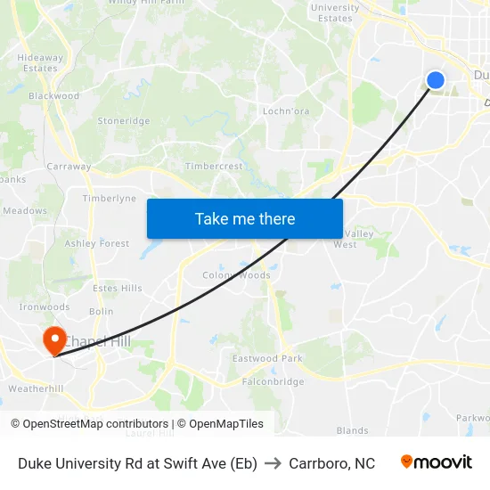 Duke University Rd at Swift Ave (Eb) to Carrboro, NC map
