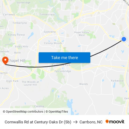 Cornwallis Rd at Century Oaks Dr (Sb) to Carrboro, NC map