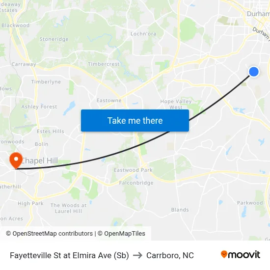 Fayetteville St at Elmira Ave (Sb) to Carrboro, NC map