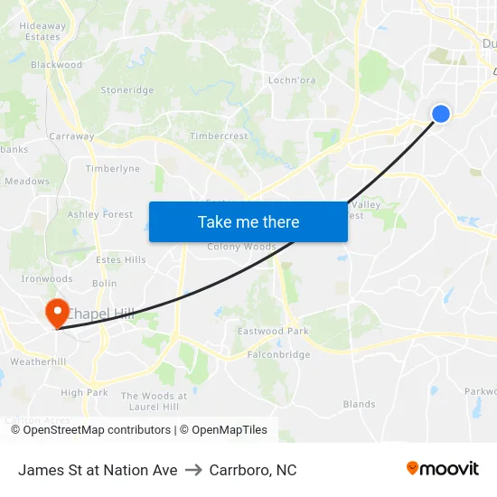 James St at Nation Ave to Carrboro, NC map
