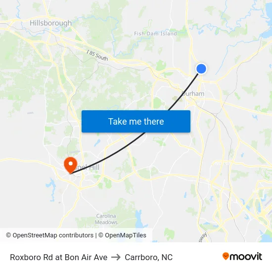 Roxboro Rd at Bon Air Ave to Carrboro, NC map