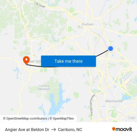 Angier Ave at Beldon Dr to Carrboro, NC map