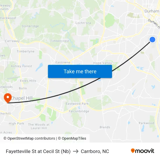 Fayetteville St at Cecil St (Nb) to Carrboro, NC map