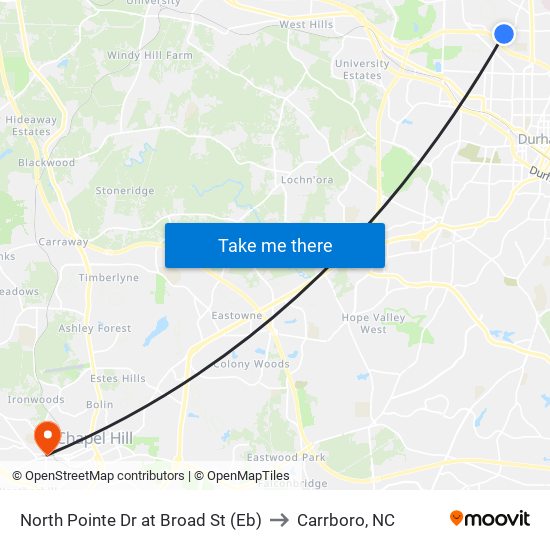 North Pointe Dr at Broad St (Eb) to Carrboro, NC map