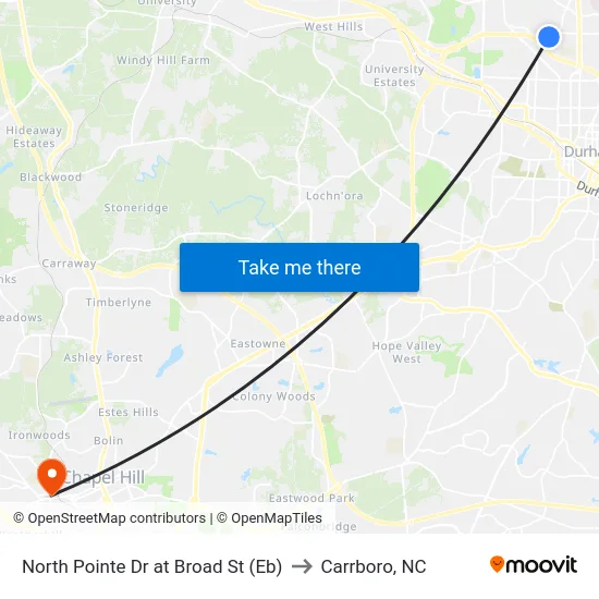 North Pointe Dr at Broad St (Eb) to Carrboro, NC map
