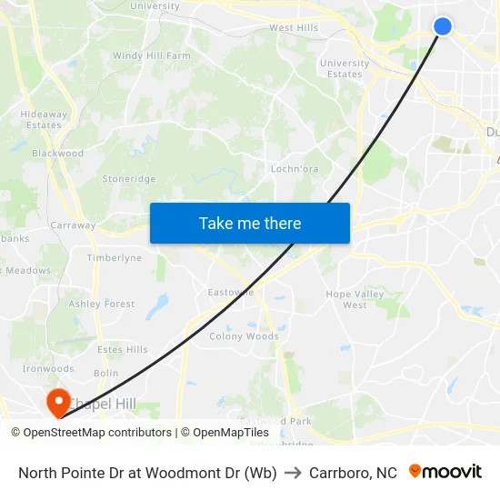 North Pointe Dr at Woodmont Dr (Wb) to Carrboro, NC map