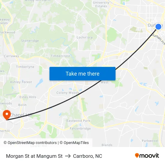 Morgan St at Mangum St to Carrboro, NC map
