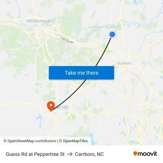 Guess Rd at Peppertree St to Carrboro, NC map