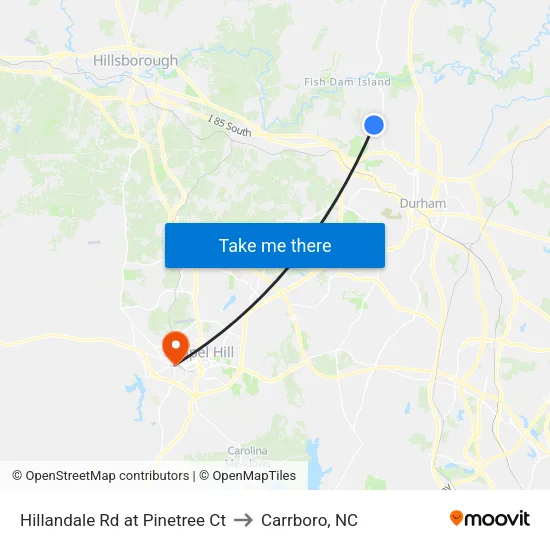 Hillandale Rd at Pinetree Ct to Carrboro, NC map