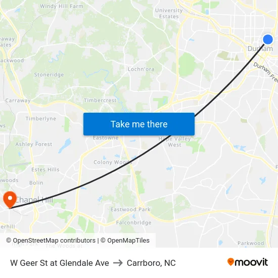 W Geer St at Glendale Ave to Carrboro, NC map